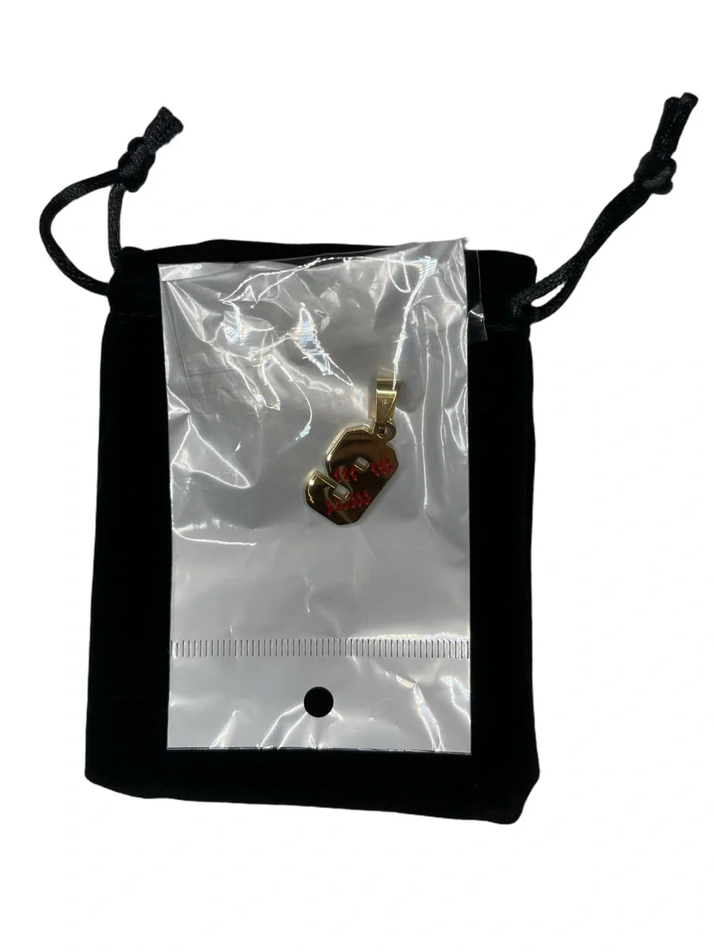 Gold Chain Necklace Baseball “9” Charm with Velvet Pouch